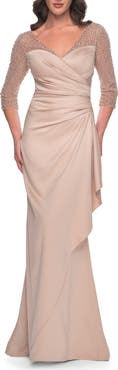 La Femme Stunning Satin Dress with Gathered Waist and Beaded Illusion Sleeves