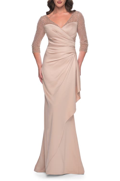 La Femme Stunning Satin Dress With Gathered Waist And Beaded Illusion Sleeves In Champagne