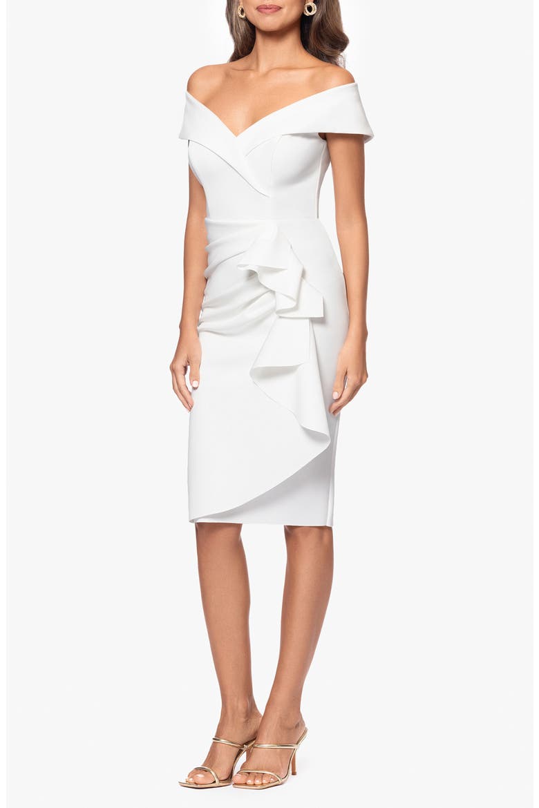 Ruffle Off the Shoulder Scuba Knit Cocktail Dress, Alternate, color, IVORY