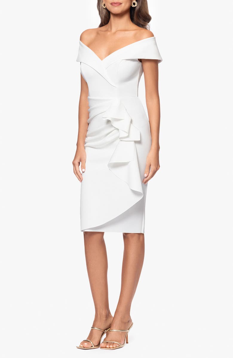 Xscape Evenings Ruffle Off the Shoulder Scuba Knit Cocktail Dress, Alternate, color, Ivory