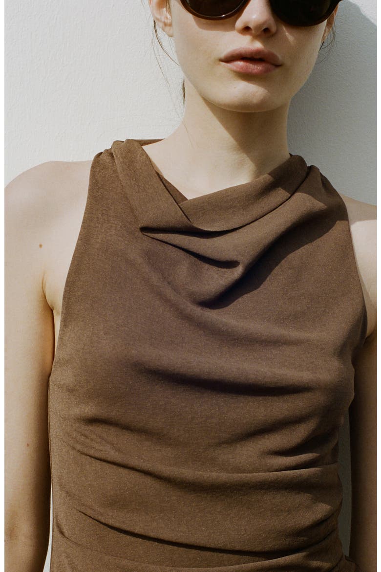 Drape Neck Ruched Minidress, Alternate, color, BROWN