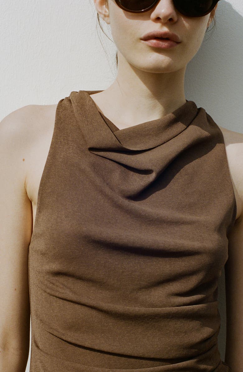 MANGO Drape Neck Ruched Minidress, Alternate, color, Brown