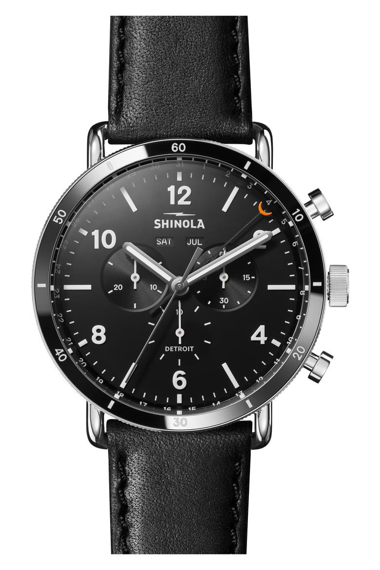 Canfield Sport Chronograph Leather Strap Watch, 45mm, Main, color, BLACK/ SILVER