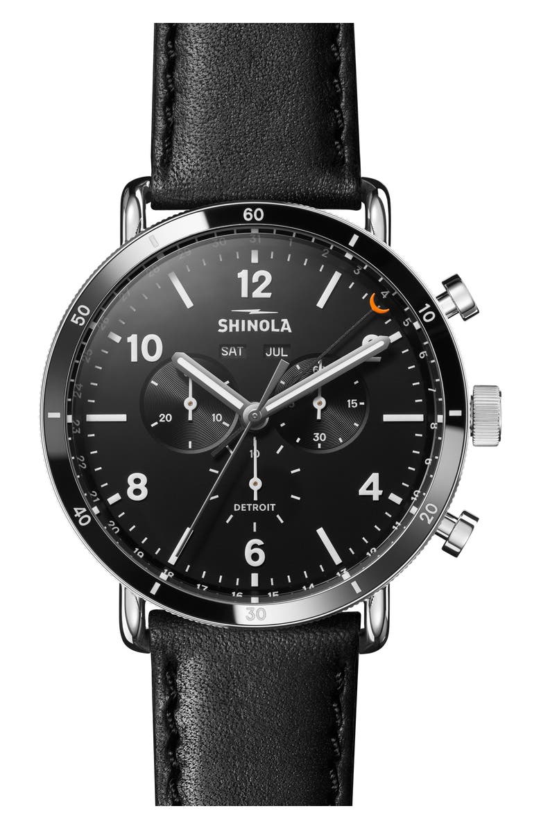 Shinola Canfield Sport Chronograph Leather Strap Watch, 45mm, Main, color, Black/ Silver
