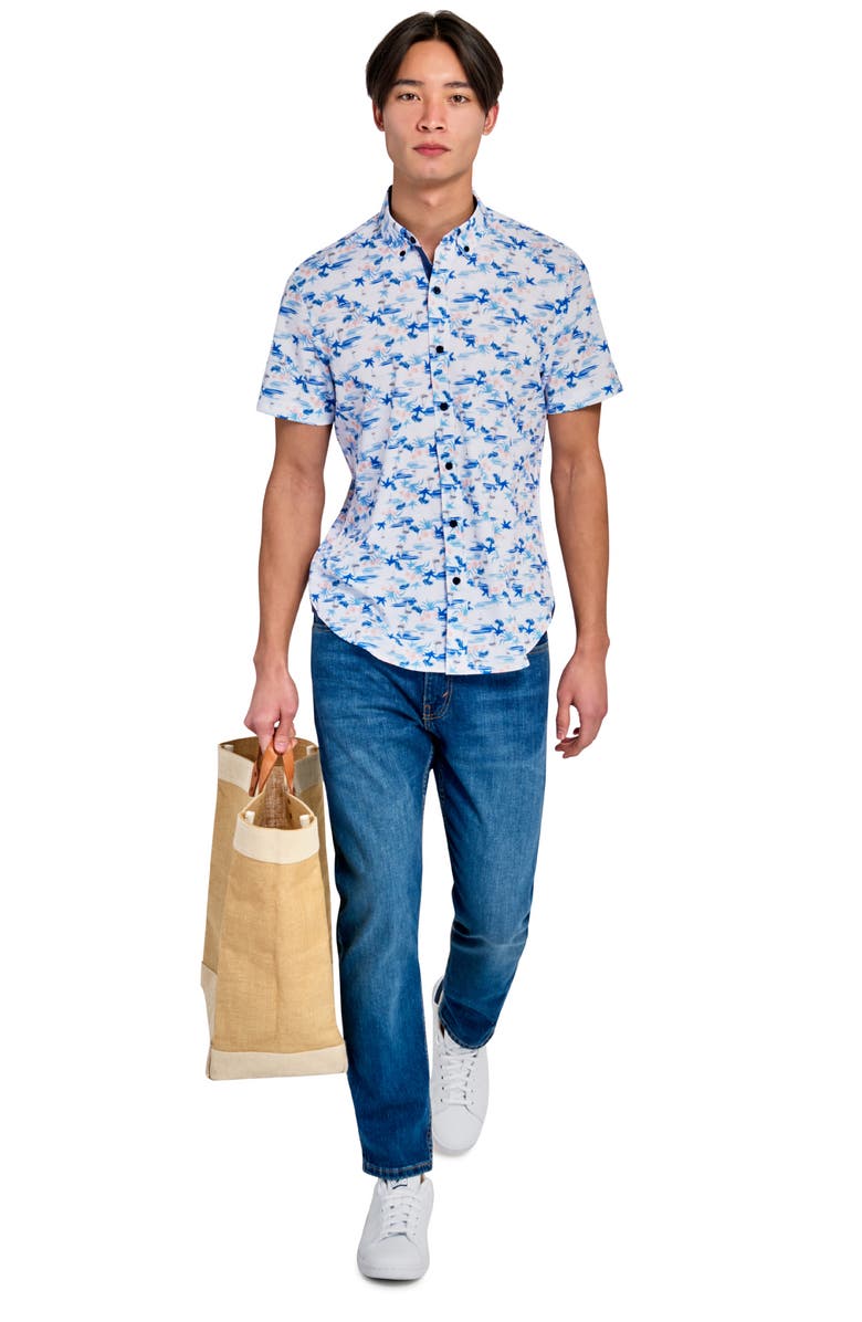 CONSTRUCT Tropical Short Sleeve Woven Button Down Shirt, Alternate, color, White/ Blue