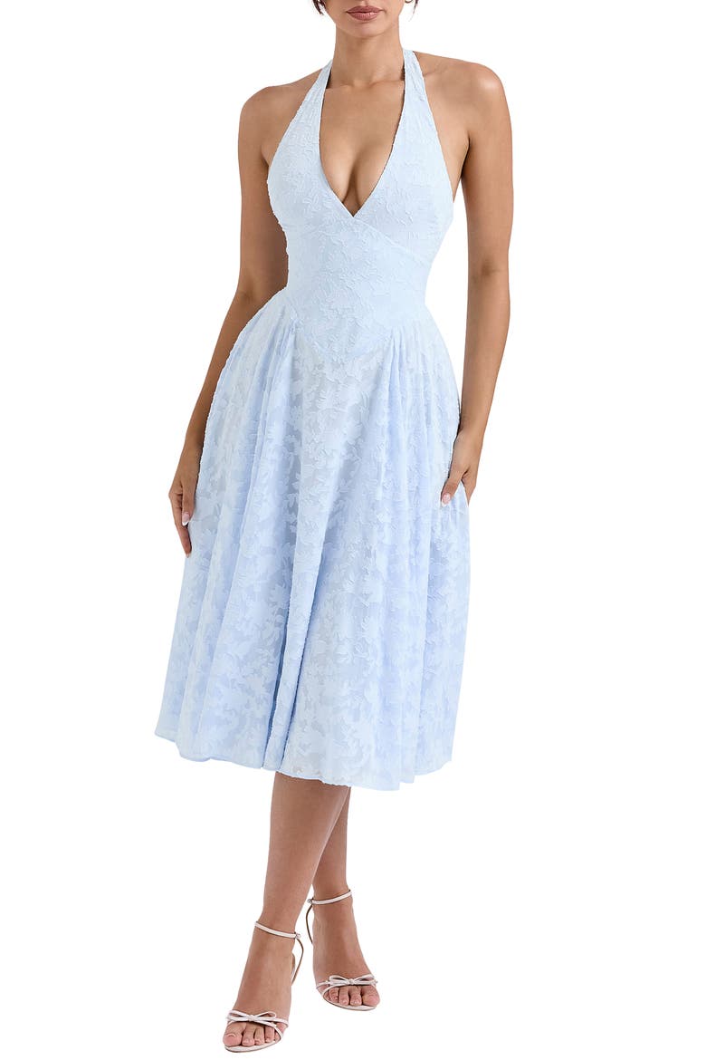 Arietta Floral Jacquard Plunge Halter Neck Dress, Main, color, ICE WATER