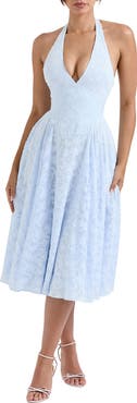 HOUSE OF CB Arietta Floral Jacquard Plunge Halter Neck Dress