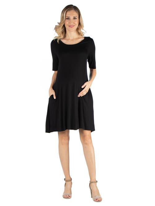 24seven Comfort Apparel Knee Length Cap Sleeve Maternity Dress With Pocket Detail In Black