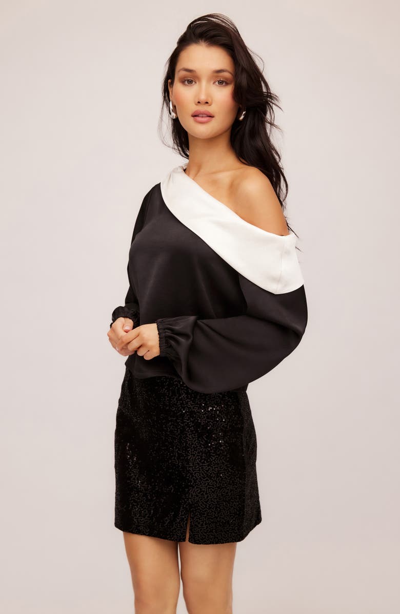 FIFTEEN TWENTY Marisa One-Shoulder Satin Top, Alternate, color, Black/ Cream