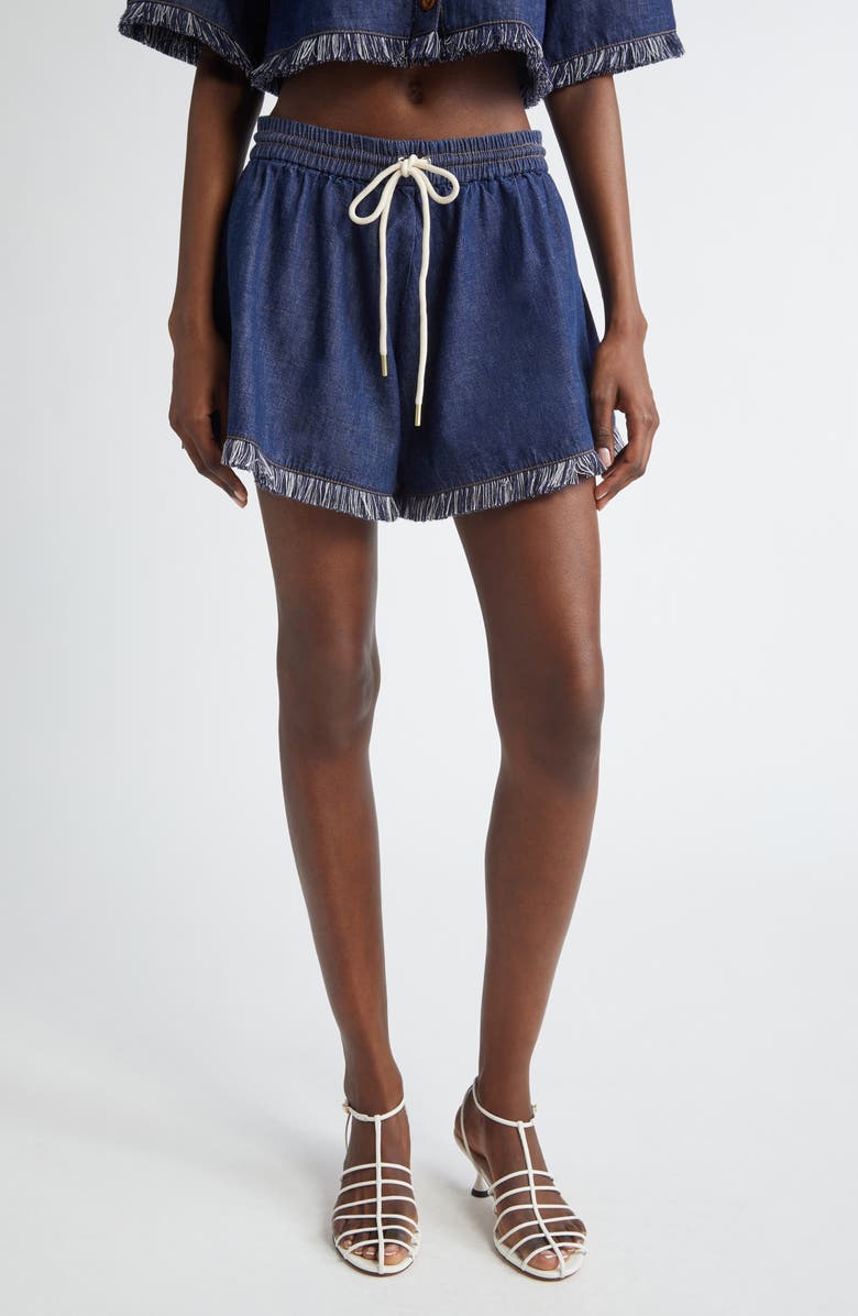 Zimmermann Rhiannon Drawstring Waist Fringe Hem Denim Shorts, Main, color, Atlantic