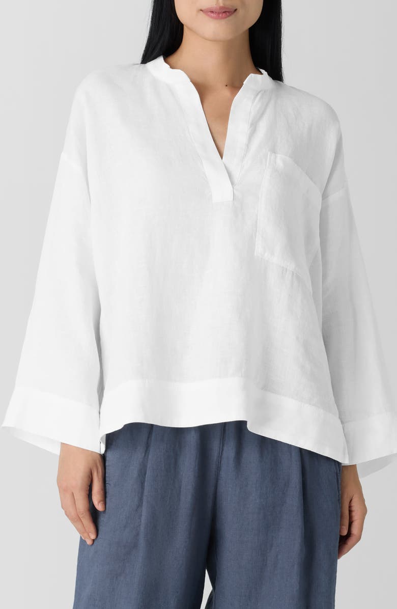 Eileen Fisher Mandarin Collar Organic Linen Popover Top, Main, color, White