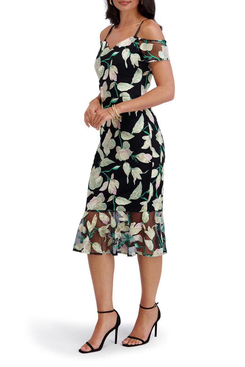 Cold Shoulder Midi Dress, Alternate, color, BLACK MULTI
