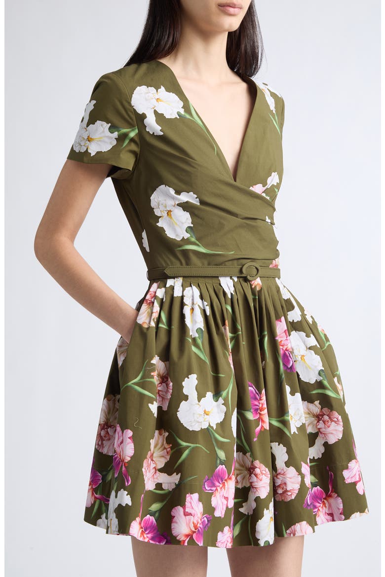 Belted Painted Iris Short Sleeve Fit and Flare Dress, Alternate, color, DARK MOSS MULTI