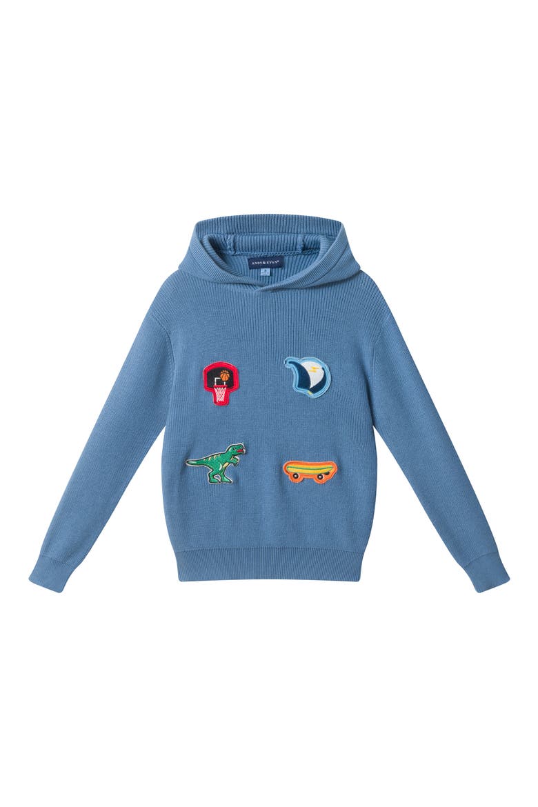Kids' Hooded Patches Sweater, Main, color, LBB-LT BLUE PATCHES