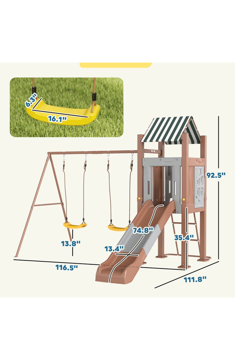 Qaba Kids Swing Set with 6 FT Slide, 2 Adjustable Swings, Fort with Canopy, Backyard Use, Alternate, color, 