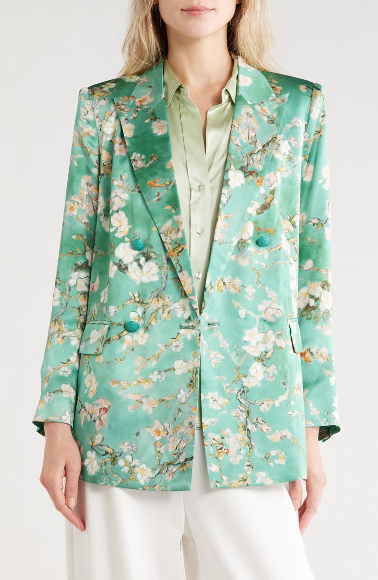 L'AGENCE Taryn Floral Double Breasted Silk Blazer, Alternate, color, Teal Watercolor Cherry Blossom