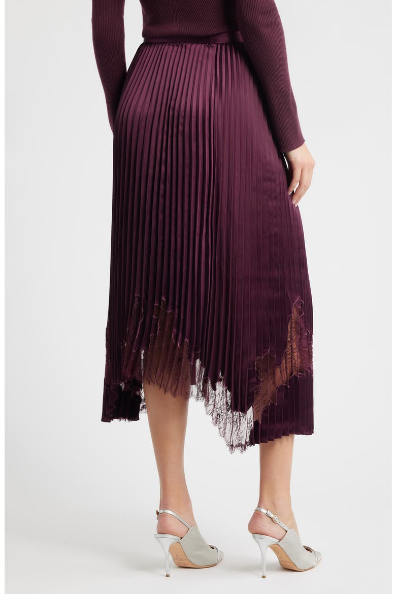 Velacey Lace Detail Pleated Asymmetric Satin Skirt, Alternate, color, DK PRPLE