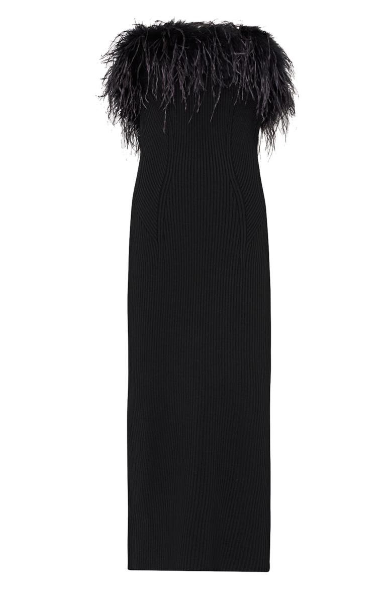 Robena Feather Detail Midi Dress, Alternate, color, BLACK