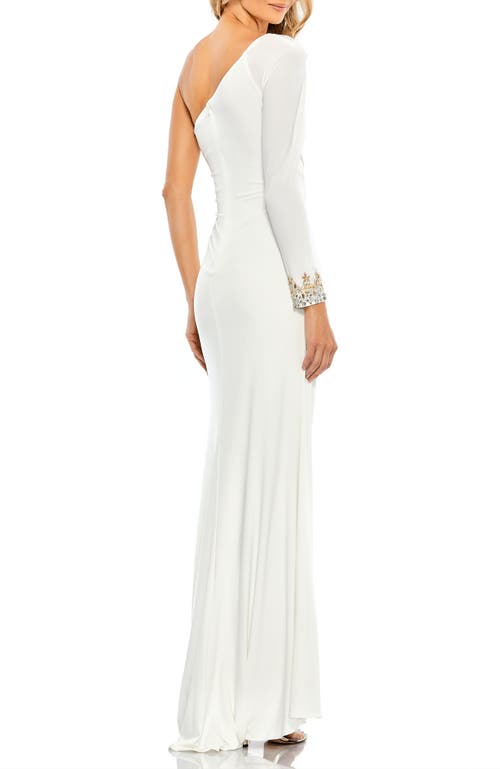 Mac Duggal One Sleeve Beaded Cuff Side Twist Gown In White