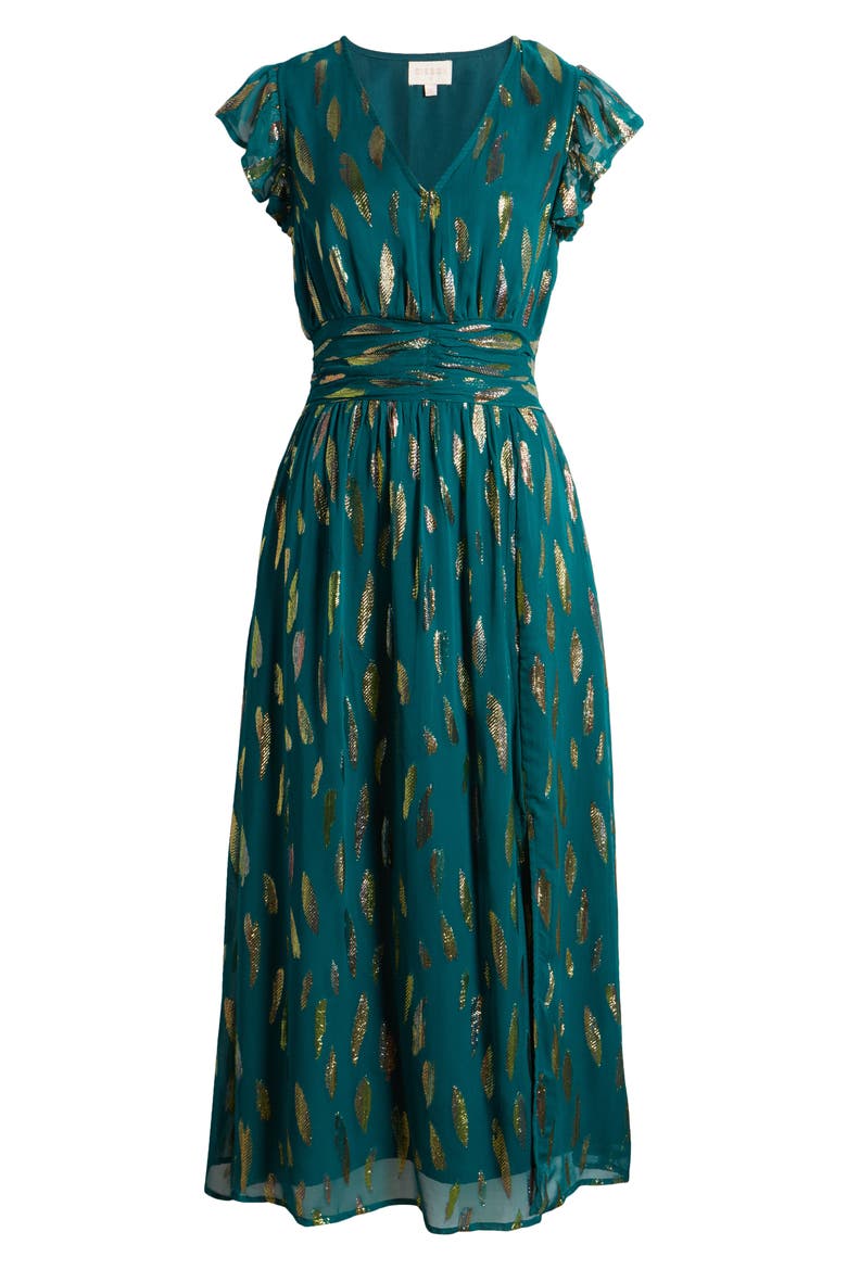 Jennsen Metallic Flutter Sleeve Maxi Dress, Alternate, color, TEAL