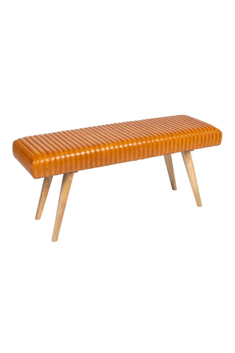 Mango Wood and Leather Grid Bench, Brown, Main, color, Brown