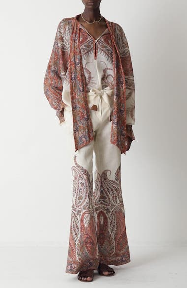 Zimmermann Rhiannon Paisley Print Belted Linen Flare Pants