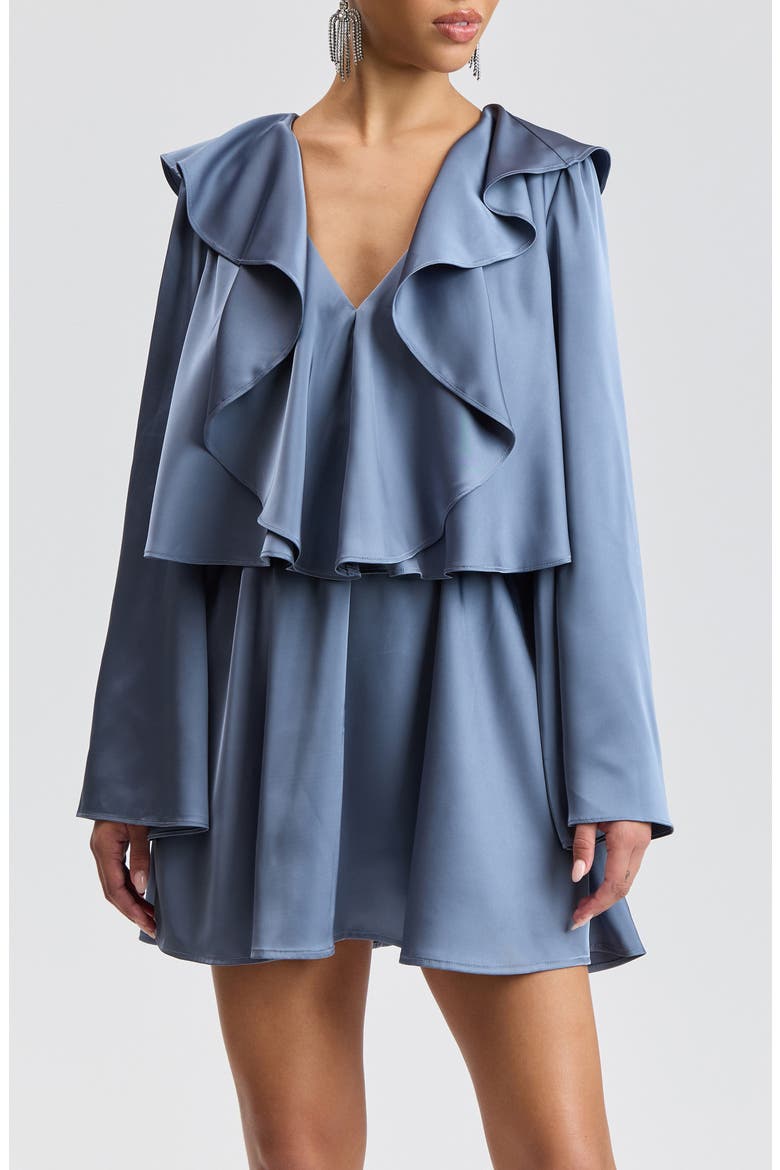 Ruffle Neck Long Sleeve Satin Minidress, Alternate, color, SLATE