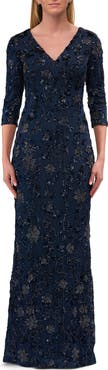 La Femme Stunning Beaded Stretch Net Jersey Gown