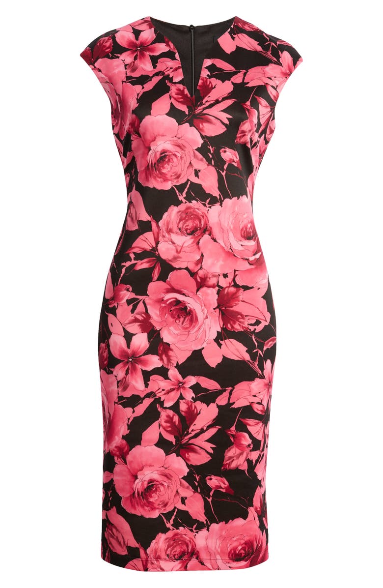 Connected Apparel Floral Cap Sleeve Midi Sheath Dress, Alternate, color, 