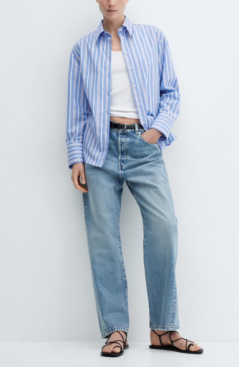 MANGO Stripe Tie Waist Cotton Button-Up Shirt, Alternate, color, 