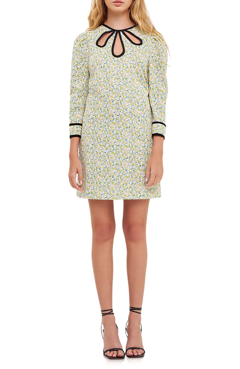 English Factory Floral Print Contrast Binding Puff Shoulder Minidress, Main, color,