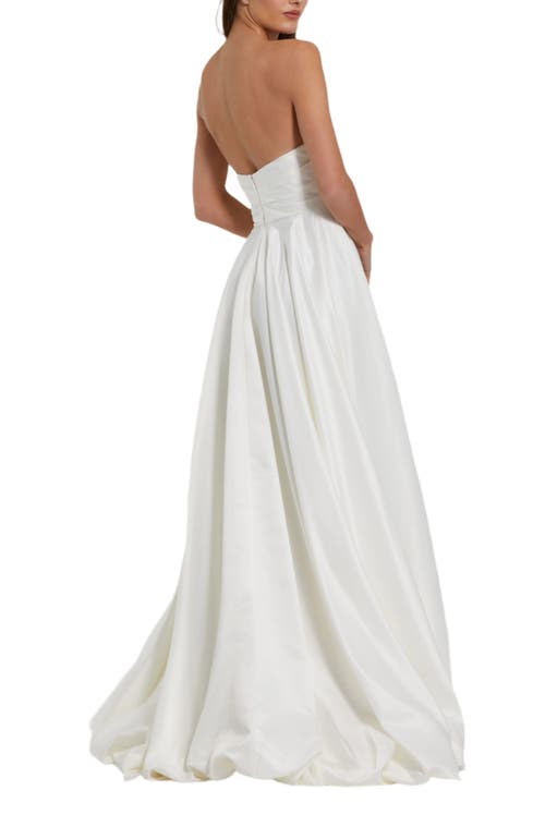 Mac Duggal Strapless Ruched High Low Gown In White