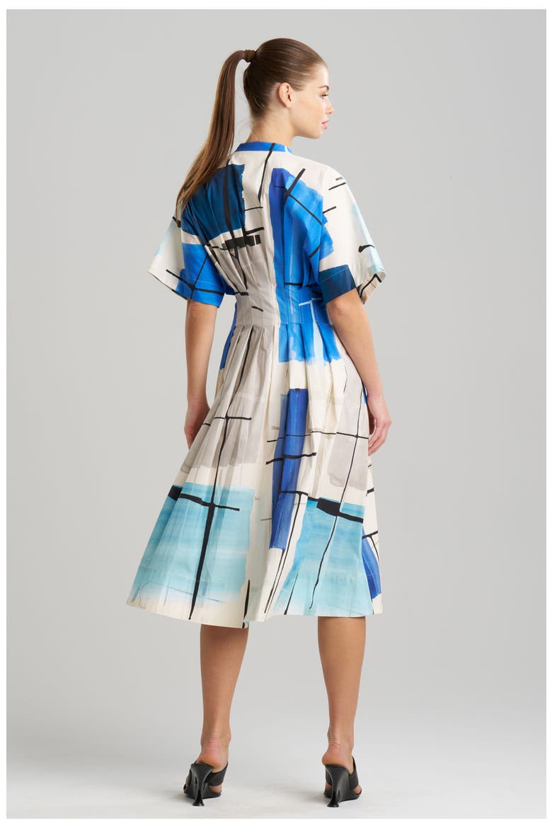Sorairo - Printed Cotton Poplin Pleat Release Button Down Dress, Alternate, color, BLUE/GREY