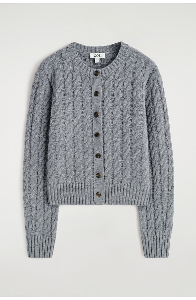 COS Cable-Knit Merino Wool Cardigan, Alternate, color, Gray