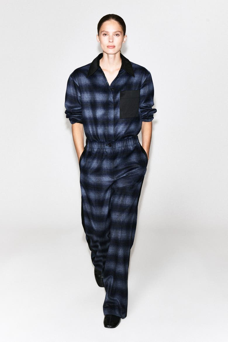 Satin-detail Checked Wool-blend Shirt, Alternate, color, BLUE / CHECKED