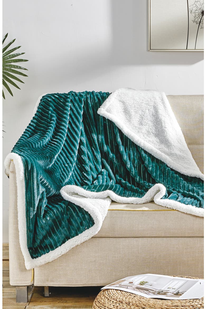 Corduroy Faux Shearling Throw Blanket, Main, color, TEAL
