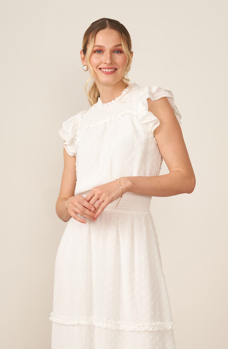 CeCe Clip Dot Flutter Sleeve Midi Dress, Alternate, color, Soft Ecru