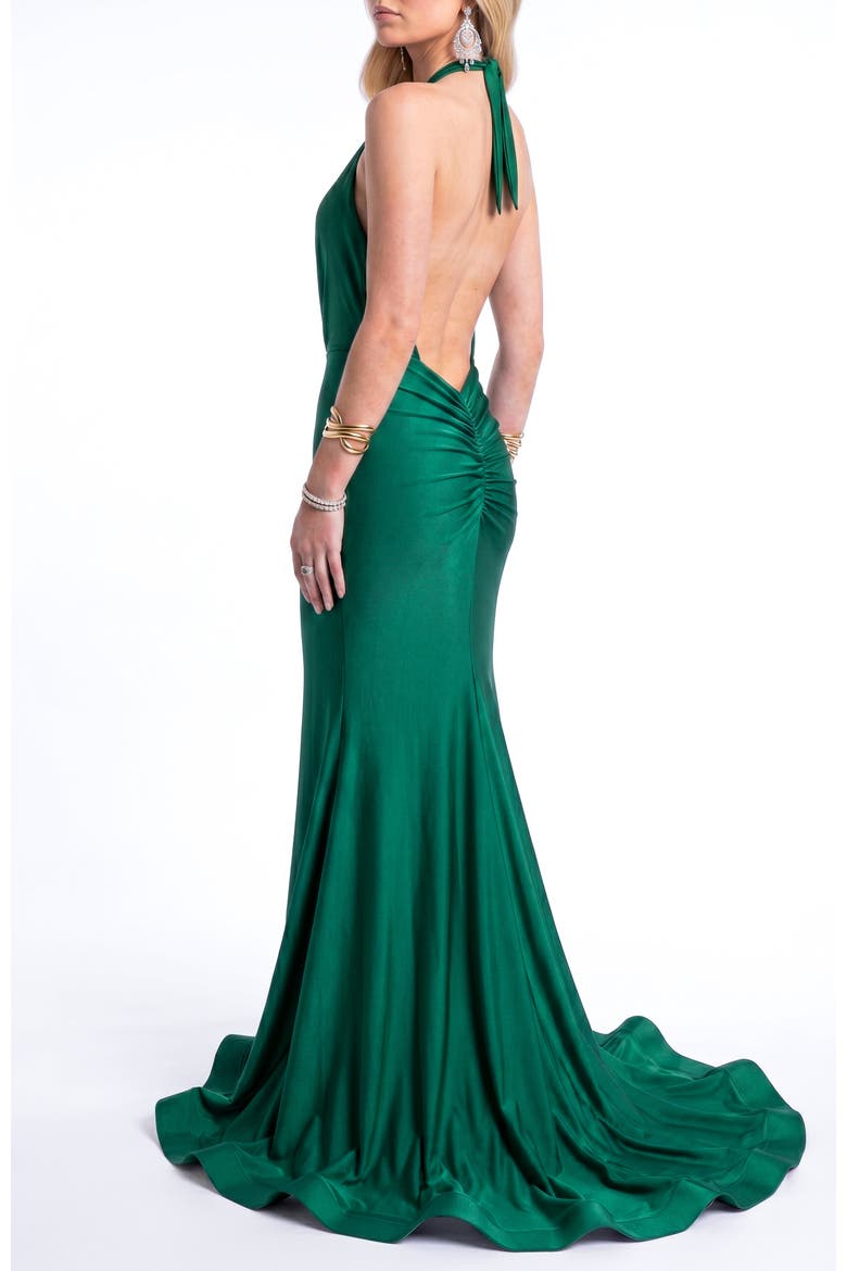 Plunging Halter Open-Back Mermaid Gown With Train, Alternate, color, Forest Green