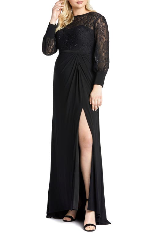 Mac Duggal Plus Size Lace Bodice & Jersey Long-sleeve Wrap Gown W/ Slit In Black