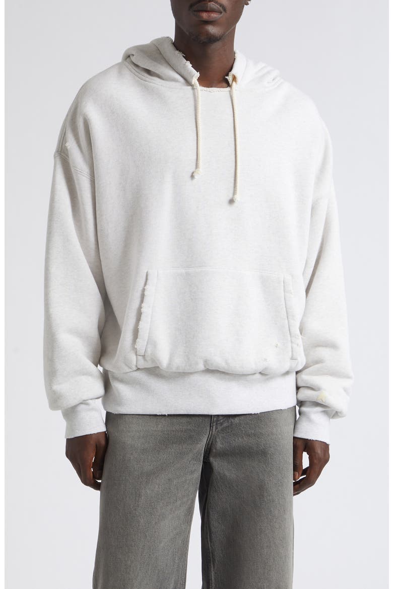 Gender Inclusive Relaxed Fit Distressed Cotton Fleece Hoodie, Main, color, VINTAGE GRAY MELANGE