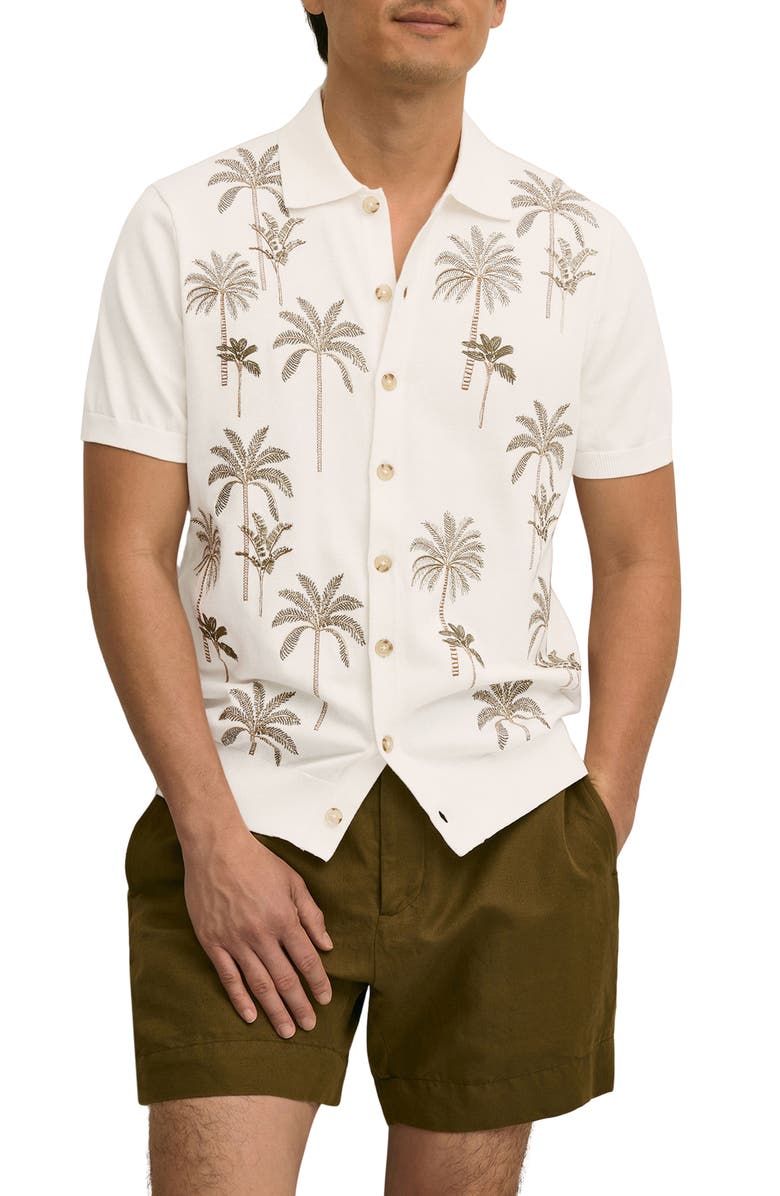 Brooks Brothers Emroidered Full Button Cotton Cardigan, Main, color, Palms Motif Beige