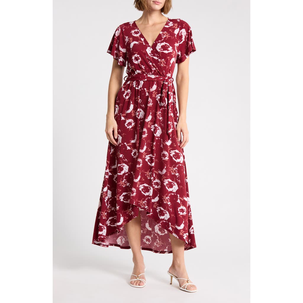 West K Flutter Sleeve High-low Dress In Wine Floral