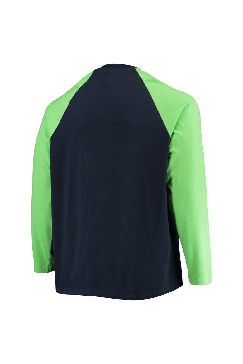 Men's New Era College Navy/Neon Green Seattle Seahawks Big & Tall League Raglan Long Sleeve T-Shirt, Alternate, color, Navy