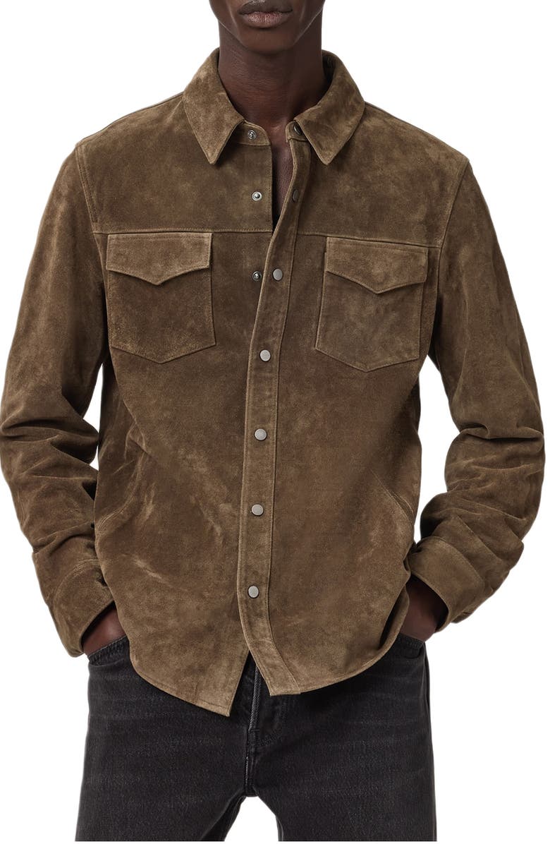 AllSaints Sully Suede Shirt Jacket, Main, color, Baker Brown