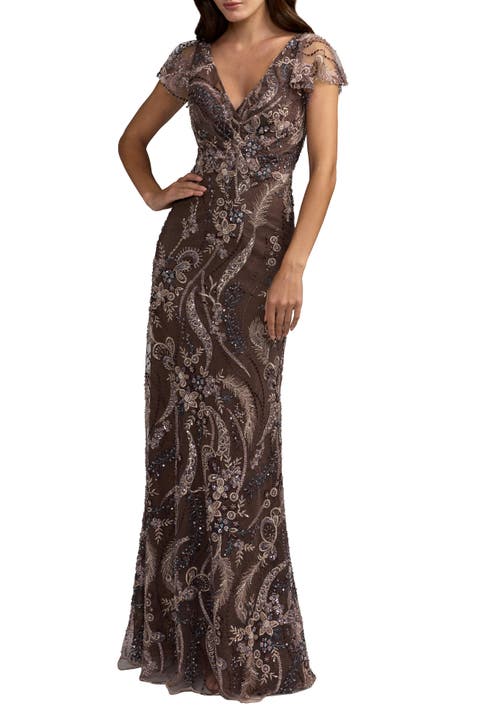 V-Neck Flutter Sleeve Embroidered Lace Evening Gown