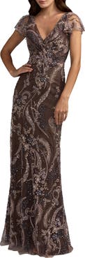 Mac Duggal V-Neck Flutter Sleeve Embroidered Lace Evening Gown