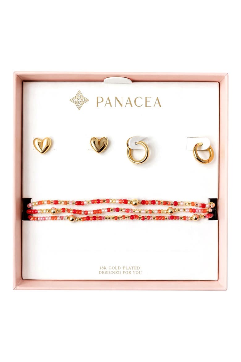 Heart Stud, Huggie Hoop Earrings & Beaded Stretch Bracelets Set, Main, color, PINK