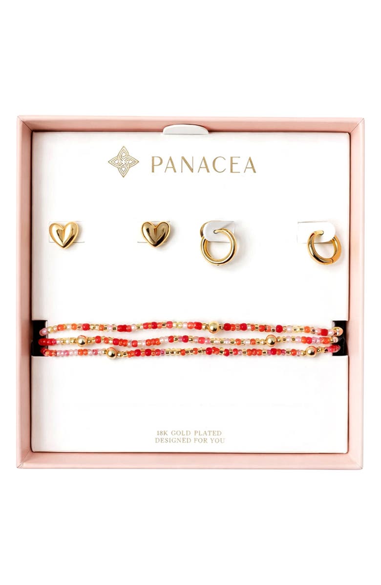 Panacea Heart Stud, Huggie Hoop Earrings & Beaded Stretch Bracelets Set, Main, color, Pink