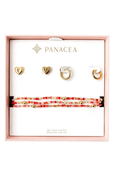 Heart Stud, Huggie Hoop Earrings & Beaded Stretch Bracelets Set