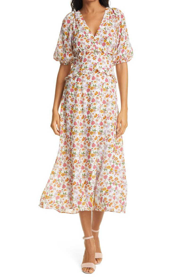Sunshine Paradise Floral Midi Dress, Main, color, WHITE/MULT